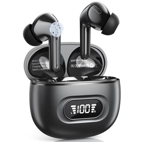 Auriculares Inalámbricos Bluetooth, Auriculares Bluetooth 5.3 con HD Micrófono HiFi Estéreo Pantalla LED, Reducción de Ruido, 13 mm Controlador dinámico, IPX8 Impermeable 72H Cascos