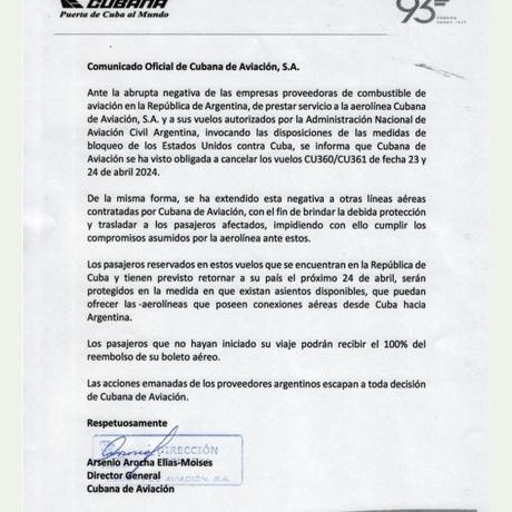 Cubana de Aviación cancela vuelos a Argentina por falta de proveedor de combustible