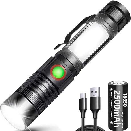 REHKITTZ Linterna LED Recargable Alta Potencia,2000 Lúmens, Ajustable COB Portátil Linterna para Reparación del Coche, y Emergencia, Ciclismo, Camping, Montañismo (Con Batería & Base Magnético)