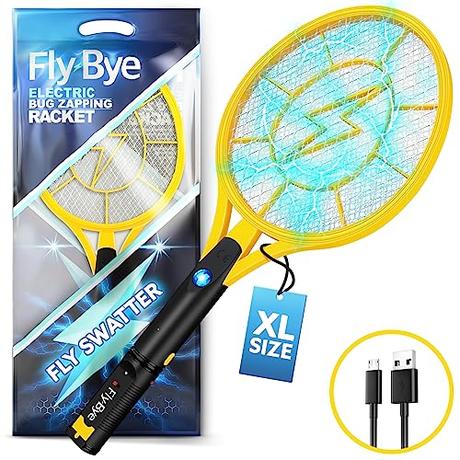 Fly-Bye Raqueta Matamoscas Electrica (Versión actualizada 2023) - 4000V Atrapa Moscas con USB Recargable - Luz LED Intensa