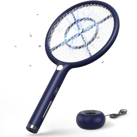 CONOPU Raqueta Matamoscas Electrica, 4000V, Base de Carga inalámbrica USB, 1200mAh Mata Mosquitos Electrico Recargable, Luz LED, Protección de Malla de 3 Capas, Antimosquitos, Azul