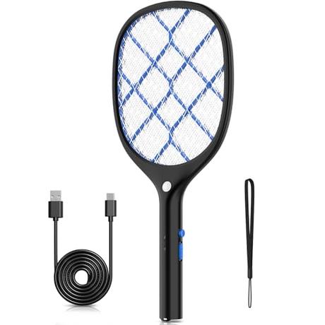 YISSVIC Raqueta Matamoscas Electrica Matamoscas Electrico USB Recargable Iluminación LED Protección de Malla de 3 Capas Negro