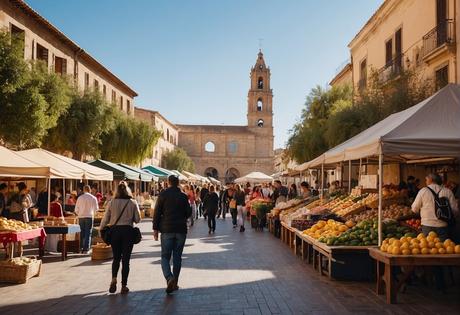 A bustling market square with colorful stalls and lively vendors in Miranda de Ebro