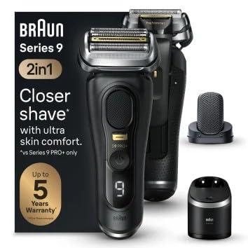 Braun Series 9 Pro+ - Afeitadora eléctrica para hombre con 5 elementos de afeitar Pro, accesorio ProComfort, sistema 2 en 1, estación de limpieza, tiempo de funcionamiento de 60 minutos, regalo