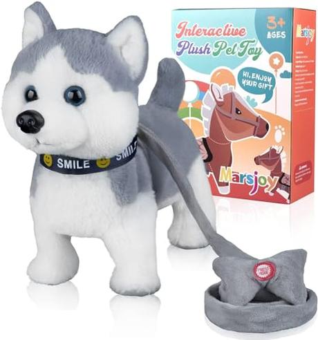 Marsjoy Husky Juguete Perro Pascua Regalos para Niños Mascota Perro Juguete Niña Niño Juguete Interactivo de Peluche con Caminar, Ladrar, Meneo Cola, Función de Canto