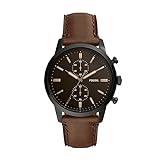 Fossil Reloj para hombre Townsman 44mm, movimiento cronógrafo de cuarzo, caja de 44mm de acero inoxidable negro con correa de piel, FS5437