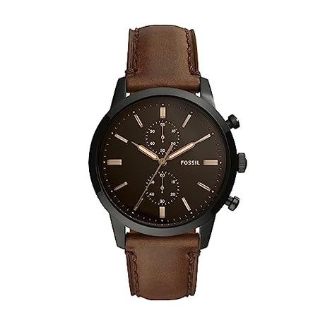 Fossil Reloj para hombre Townsman 44mm, movimiento cronógrafo de cuarzo, caja de 44mm de acero inoxidable negro con correa de piel, FS5437