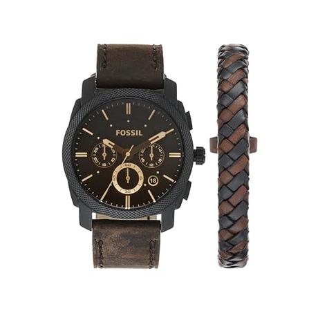 Fossil Reloj para hombre Machine, movimiento cronógrafo de cuarzo, 42mm Caja de acero negro con correa de piel, FS5251SET