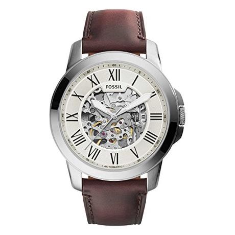 Fossil Reloj para hombre Grant, movimiento automático, caja de acero plateado de 45mm con correa de piel, ME3099