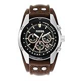 Fossil Reloj para hombre Coachman, movimiento cronógrafo de cuarzo, caja de acero inoxidable plateado de 44mm con correa de piel auténtica, CH2891