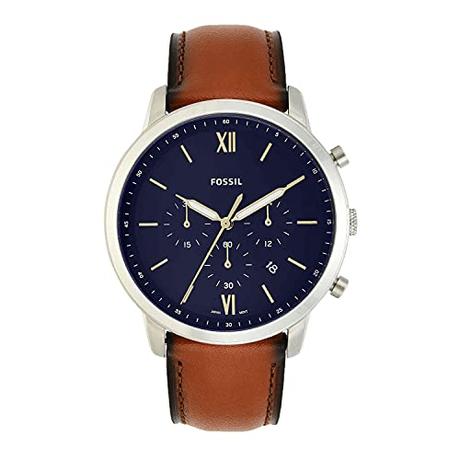 Fossil Reloj para hombre Neutra Chrono, movimiento cronógrafo de cuarzo, caja de acero inoxidable plateado de 44mm con correa de piel, FS5453