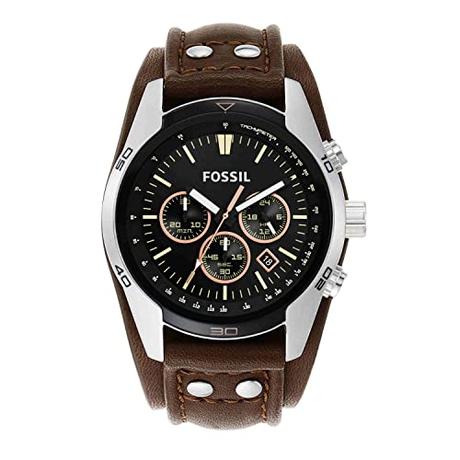 Fossil Reloj para hombre Coachman, movimiento cronógrafo de cuarzo, caja de acero inoxidable plateado de 44mm con correa de piel auténtica, CH2891
