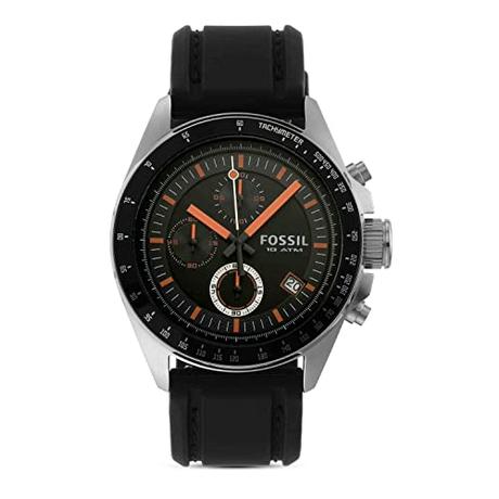 Fossil Reloj para hombre Decker, movimiento cronógrafo de cuarzo, 44mm Caja de acero inoxidable plateado con correa de silicona, CH2647