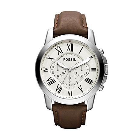 Fossil Reloj para hombre Grant, movimiento cronógrafo de cuarzo, caja de acero inoxidable plateado de 44 mm con correa de piel auténtica, FS4735
