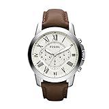 Fossil Reloj para hombre Grant, movimiento cronógrafo de cuarzo, caja de acero inoxidable plateado de 44 mm con correa de piel auténtica, FS4735