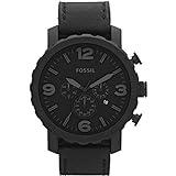 Fossil Reloj para hombre Nate, movimiento cronógrafo de cuarzo, caja de acero negro de 50mm con correa de piel auténtica, JR1354