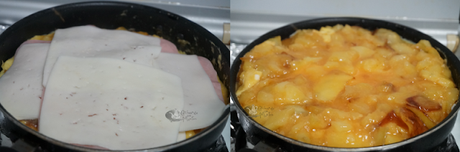 Tortilla de patatas rellena de jamón y queso