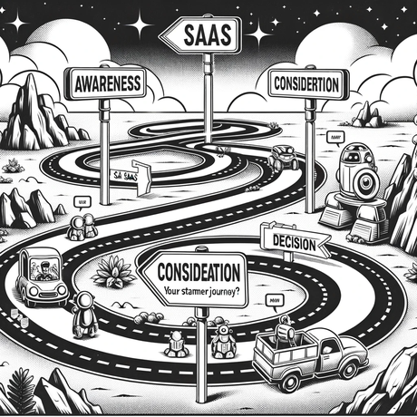 DALL·E 2023 10 31 11.26.50 Comic illustration in black and white retro futuristic style of a SaaS customer journey map portrayed as a winding road. Along the road there are si