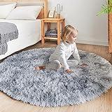 ROHATIM Alfombras Salón Redonda Pelo Largo Alfombra Habitación Dormitorio Lavables Alfombra Antideslizante Muy Suave para salón o Dormitorio, Alfombra esponjosa de Cama(Gris Claro,Ø 100 cm Ronda)