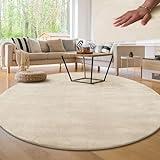 Paco Home Alfombra para la Sala de Estar Unicolor Lavable Suave Pila Corta, tamaño:Ø 160 cm Redon, Color:Crema