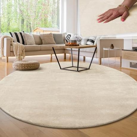 Paco Home Alfombra para la Sala de Estar Unicolor Lavable Suave Pila Corta, tamaño:Ø 160 cm Redon, Color:Crema