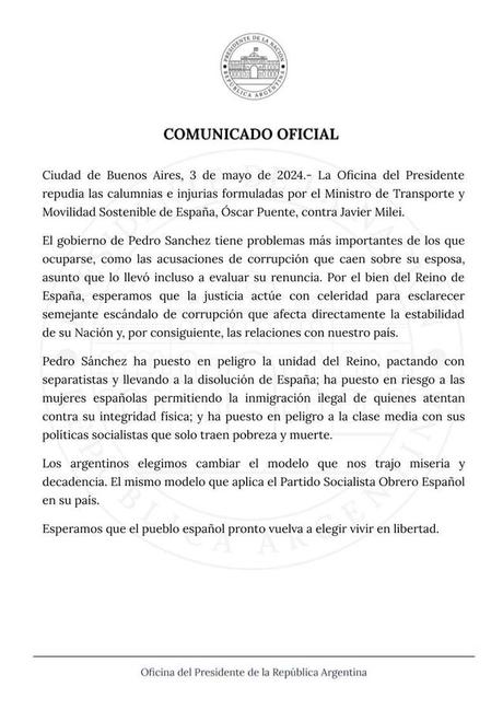 Milei responde a la acusación de Óscar Puente con un comunicado contra Sánchez: «Ha puesto en peligro la unidad de España»