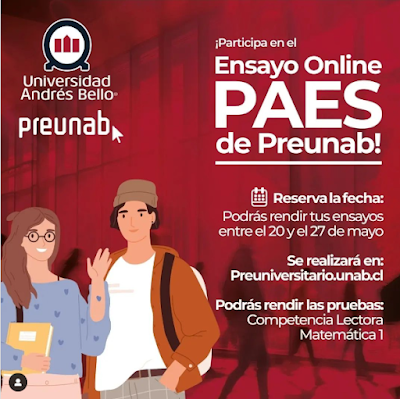 Se comparte invitación de la Universidad Andrés Bello (UNAB) para participar del Ensayo PAES Online a los estudiantes de 1° a 4° medio.