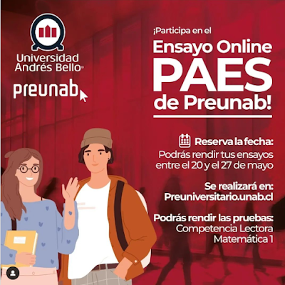 Se comparte invitación de la Universidad Andrés Bello (UNAB) para participar del Ensayo PAES Online a los estudiantes de 1° a 4° medio. Se comparte invitación de la Universidad Andrés Bello (UNAB) para participar del Ensayo PAES Online a los estudiantes de 1° a 4° medio.
