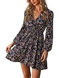 CUPSHE Vestido corto cruzado con cuello en V para mujer, vestido corto de manga larga con estampado floral, multicolor, M