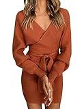 Vancavoo Vestido de Punto para Mujer Vestido de Manga Larga con Cuello en V Vestido Corto de Suéter sin Espalda Jersey de Punto con Cinturón Elegante para Otoño Invierno(Rust Red,M)