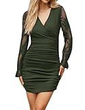JENJON Vestido de Mujer con Cuello V Mangas Encaje Elegante Manga Larga Mini Vestidos Casual Cintura Alta Otoño Invierno Verde S