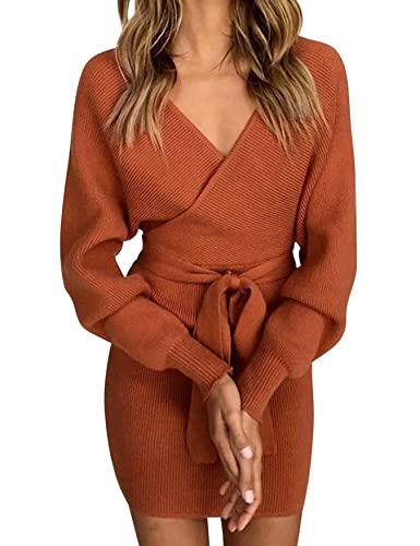 Vancavoo Vestido de Punto para Mujer Vestido de Manga Larga con Cuello en V Vestido Corto de Suéter sin Espalda Jersey de Punto con Cinturón Elegante para Otoño Invierno(Rust Red,M)