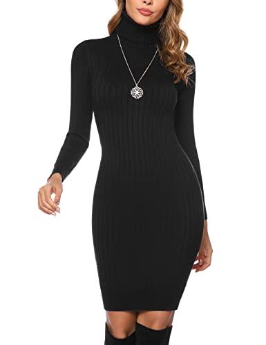 Irevial Vestido de Punto Elegante Mujer Vestido Suéter Cuello Alto Casual Vestido de Invierno Manga Larga Ajustado Jersey Largo Negro, S