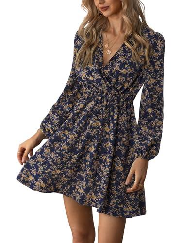 CUPSHE Vestido corto cruzado con cuello en V para mujer, vestido corto de manga larga con estampado floral, multicolor, M