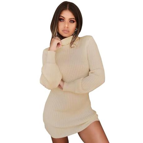 BKEPDY Vestido de Punto para Mujer Mangas Largas Vestido Elegente de Suéter de Punto Cuello Redondo Vestido Jersey Invierno Sexy Vestido Falda de Cadera(S)