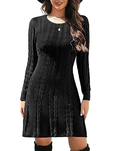 Vancavoo Vestido Punto Mujer Invierno,Vestido de Suéter Línea A Manga Larga de Cuello Redondo Elegante Jersey de Casual Elástico Fiesta Vestido de Ajustado Twist(Negro,L)