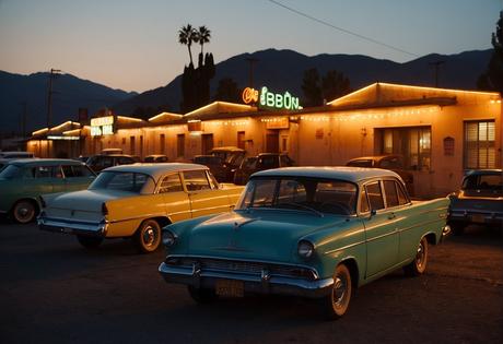 The sun sets behind the quaint Motel Orizaba, casting a warm glow on the retro neon sign and the rows of parked cars