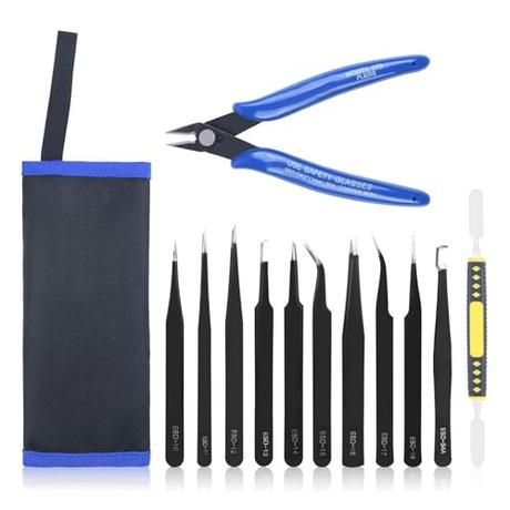 Ainiv Kit 12 Pcs Pinzas de Precisión, Tweezers ESD Anti-Estáticas de Acero Inoxidable Electrónicas, Trabajo de Laboratorio, Joyería, Maintenance Tools, Negro