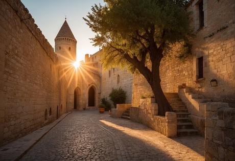The sun sets behind the medieval walls of Avignon, casting a warm glow over the cobblestone streets and ancient architecture