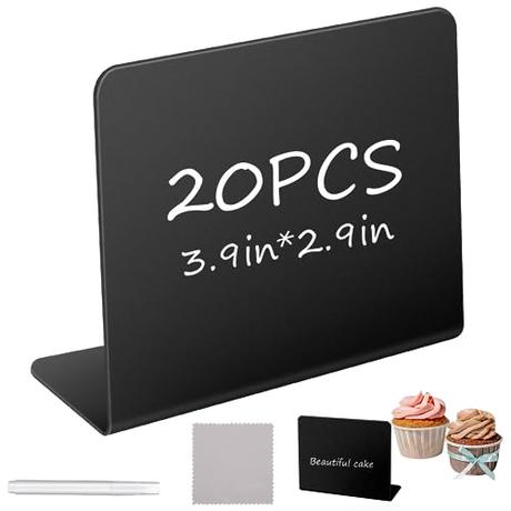 20 Pizarra Mini Pizarra Pequeña, Mini Letreros de Pizarra de Pie, Letrero de Tiza Acrílica para Alimentos, con 1 Bolígrafo y 1 paño., para Etiquetas de Precios, Etiquetas de Alimentos