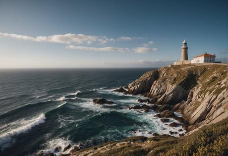 A serene coastal landscape with rocky cliffs, crashing waves, and a distant lighthouse against a dramatic sky at Finisterre