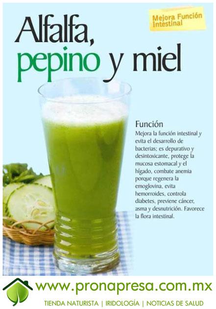 Jugo Natural de Alfalfa, Pepino y Miel: Mejora función intestinal