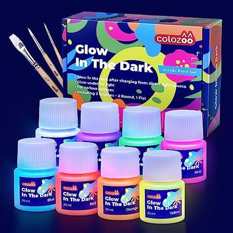 Colozoo Set De Pinturas Acrílicas, 20ml De Colores Brillantes + 3 Pinceles, Glow In The Dark, Duraderos En Cualquier Superficie, Colores Fluorescentes Autoiluminantes