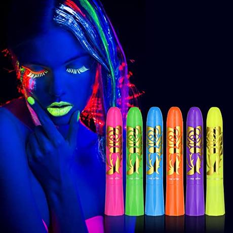 AOOWU Pintura De Cara De Neón Brillante UV, 6 Ceras Fluorescente De Color De La Cara, Lavable No Tóxico Cera Lápiz UV Neón Para Rostro y Cuerpo, Para Halloween, Mardi Gras, Fiesta De Disfraces