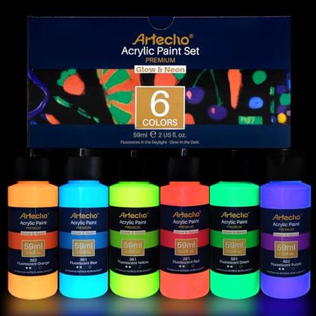 Artecho Pinturas Acrilicas Fluorescente Luminosas 6 × 59 ml, Neon en la Oscuridad, Glow in The Dark, para Lienzos, Textil, Madera, Cristal, Piedras.