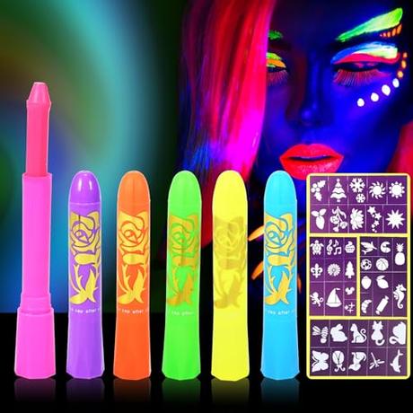 GLEEMEN Luminosas para Pintura Facial, 6 Ceras UV Fluorescente, Pintura Neón, Lavable Cera Lápiz UV Neón Para Rostro y Cuerpo, UV Crayones Para Halloween, Mardi Gras, Fiesta De Disfraces