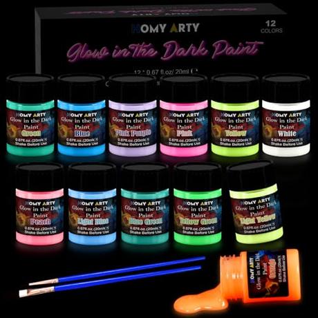 HOMY ARTY Pinturas Acrilicas Fluorescente, Pintura que Brilla en la Oscuridad -12 Colores x 20ml Pintura Acrílica Luminosas de Larga Duración para Camisetas, Materiales de Arte, DIY