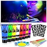 AOOWU Pintura Fluorescente en la Oscuridad, 8 Colores Pintura Cara Niños Hipoalergenica con 6 Pinceles y Paleta, Neon Pintura Facial y Corporal Seguridad, Maquillaje para Niñas Halloween Festival