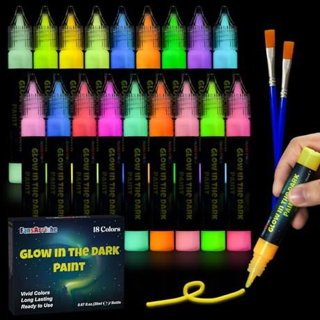 Pinturas que brillan en la oscuridad, 18 × 20 ml, 3D resistente al agua, pintura fluorescente, para pintura infantil, brilla en la oscuridad Colores Luminosas