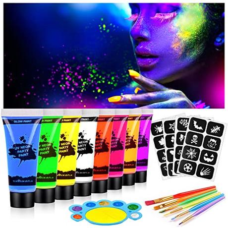 AOOWU Pintura Fluorescente en la Oscuridad, 8 Colores Pintura Cara Niños Hipoalergenica con 6 Pinceles y Paleta, Neon Pintura Facial y Corporal Seguridad, Maquillaje para Niñas Halloween Festival